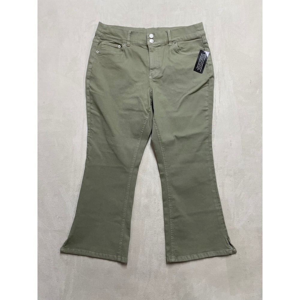 Denim & Co Women Sage Green Flare Leg Pants Size 14 Double Button Stretch Cotton
